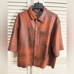 Zara Faux Leather Relaxed Fit Overshirt Brown Snap Button Shirt Size M